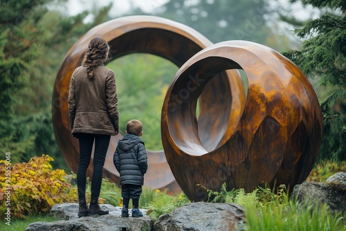A mother and child admire large outdoor sculptures in a lush garden setting