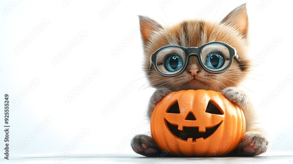 A playful kitten with a pumpkin mask, whimsical and cute, 3D rendering, isolated on white background A playful kitten with a pumpkin mask, whimsical and cute, 3D rendering, isolated on white background