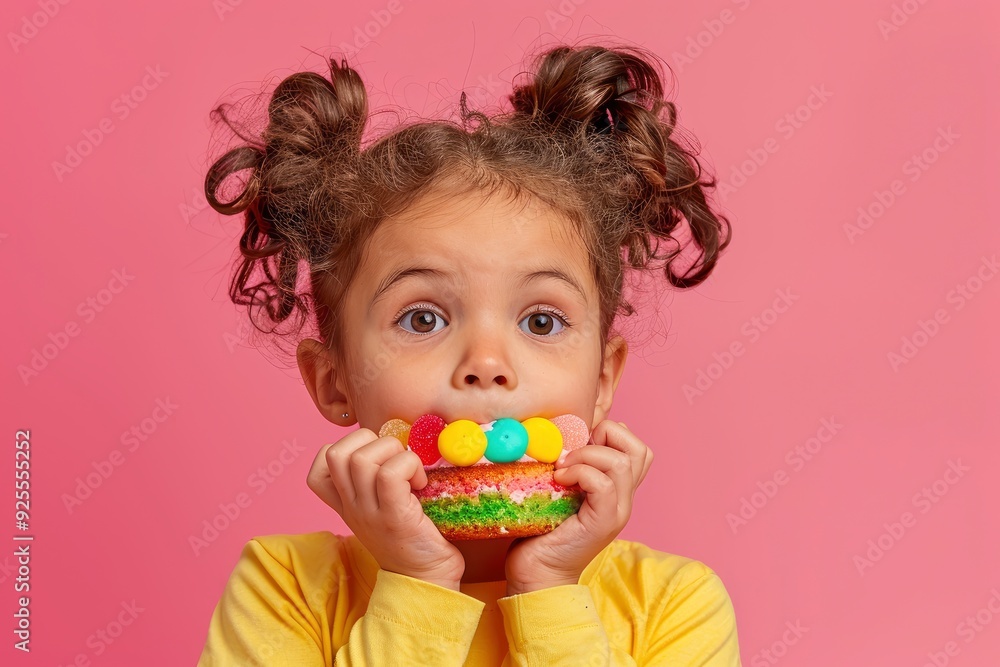 An African Little Girl Enjoying Rainbow Cake With Sugar Candies And Jelly On Top An African Little Girl Enjoying Rainbow Cake With Sugar Candies And Jelly On Top