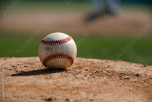 Baseball on wet pitchers mound blurred green field contrasts sunlit ball