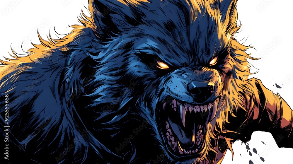 A stylized werewolf with sharp teeth donning a spooky Halloween mask, comic book style, vibrant colors, dynamic pose, high contrast, isolated on white background A stylized werewolf with sharp teeth donning a spooky Halloween mask, comic book style, vibrant colors, dynamic pose, high contrast, isolated on white background
