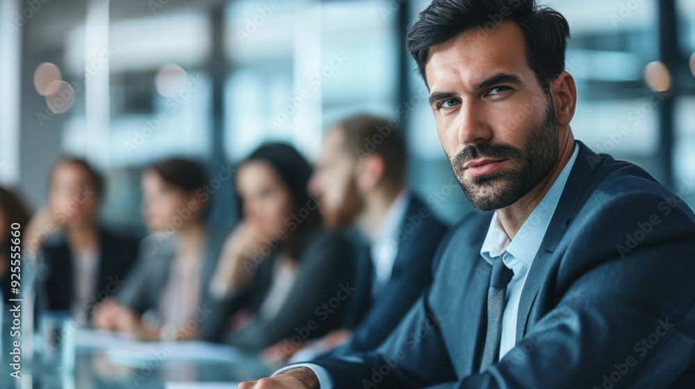 A businessman sitting at a conference table, engaged in a discussion with colleagues. A businessman sitting at a conference table, engaged in a discussion with colleagues.