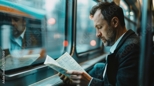 A businessman reading important documents while commuting by train.