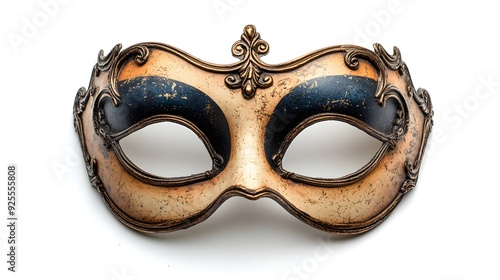 A vintage carnival mask with torn edges, Halloween theme, ornate and distressed, dark tones, isolated on white background