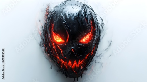 Distorted Halloween mask with an eerie grin, abstract surrealism, dark and twisted, glowing red eyes, isolated on white background