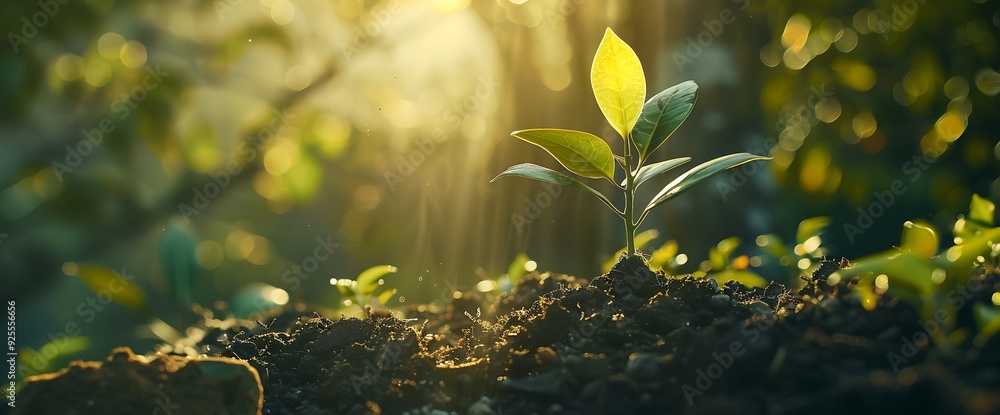 A single green sprout grows from dark soil illuminated by warm sunlight.