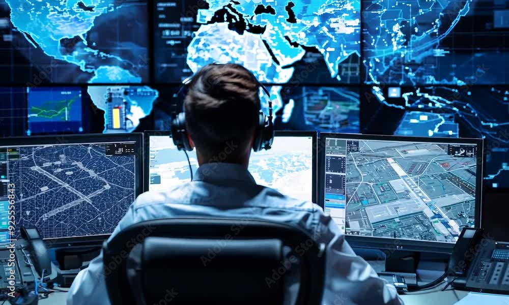Air traffic controller. A man is sitting in front of a computer monitor with a headset on. He is wearing a white shirt and black pants. The computer monitor displays a map of the world