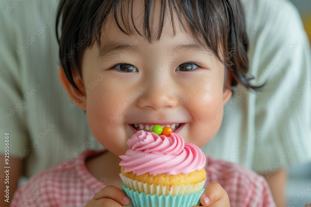 An Asian Mother Celebrating Her Son'S Birthday With Cupcakes In The Kitchen An Asian Mother Celebrating Her Son'S Birthday With Cupcakes In The Kitchen