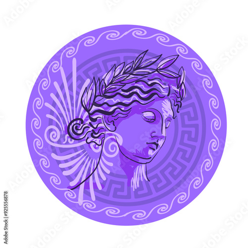 Antique greek sculpture with elements of ancient greek ornament. Hand drawn Vector illustration for card, poster or printing on fabric	