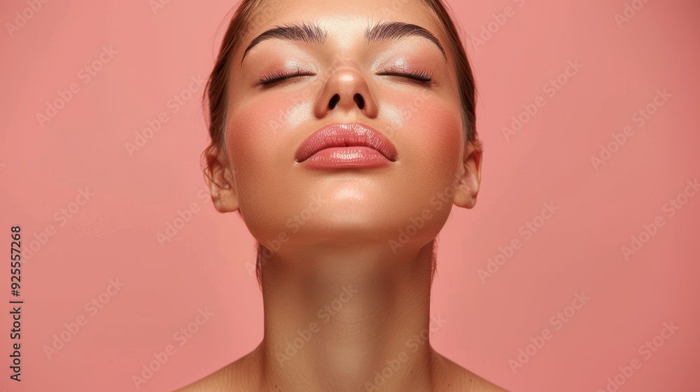 A woman with glowing skin poses gracefully against a soft pink background during a beauty campaign A woman with glowing skin poses gracefully against a soft pink background during a beauty campaign