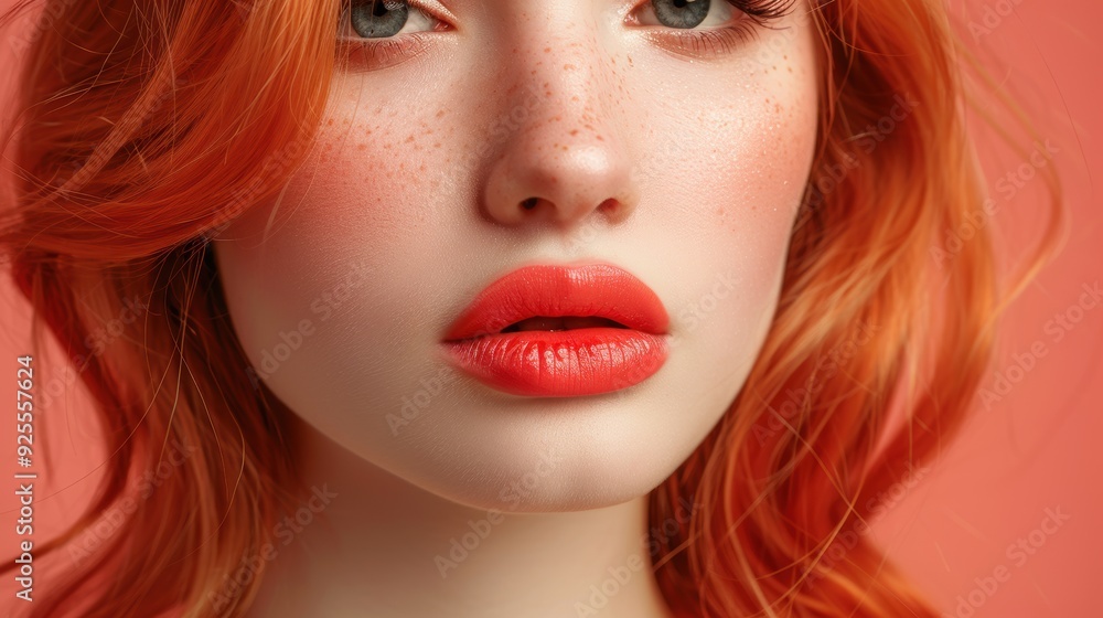 Fototapeta premium Young woman with vibrant red hair and striking makeup poses against a peach backdrop in a modern beauty shoot