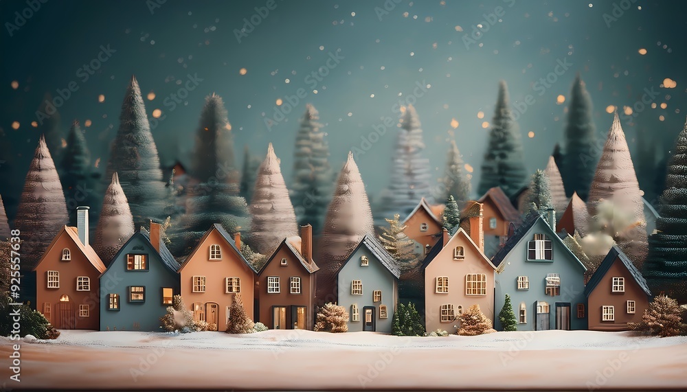 Nordic Christmas Village- A cozy Scandinavian village scene with simple, geometric houses and trees in gradient background. Graphic art illustration Nordic Christmas Village- A cozy Scandinavian village scene with simple, geometric houses and trees in gradient background. Graphic art illustration