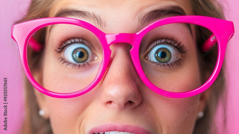 Funny cheerful surprised young woman with Fluorescent pink stylish eyeglass, cropped woman face on teal background, close up woman portrait. Funny cheerful surprised young woman with Fluorescent pink stylish eyeglass, cropped woman face on teal background, close up woman portrait.