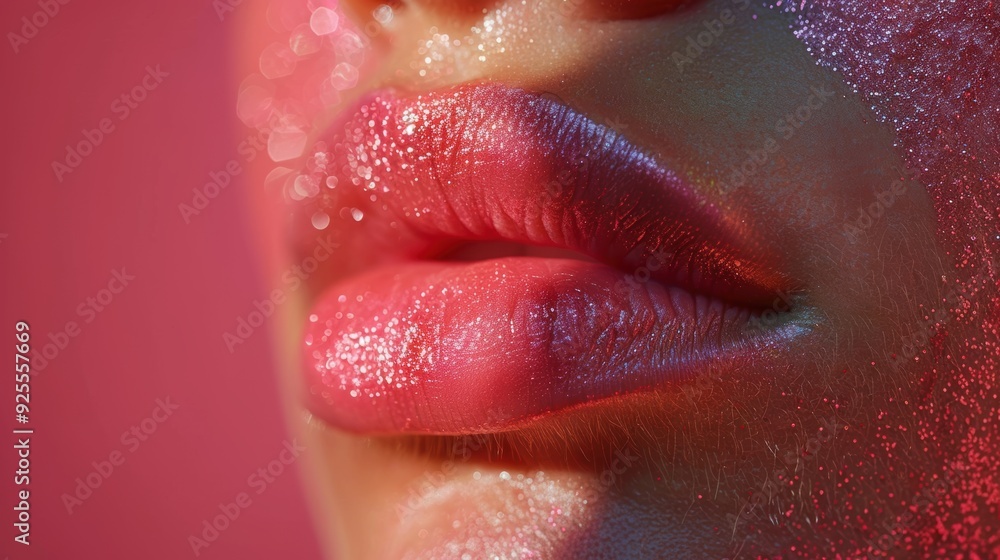 Fototapeta premium Close-up of shimmering lips highlighted by soft pink lighting in a creative portrait setting