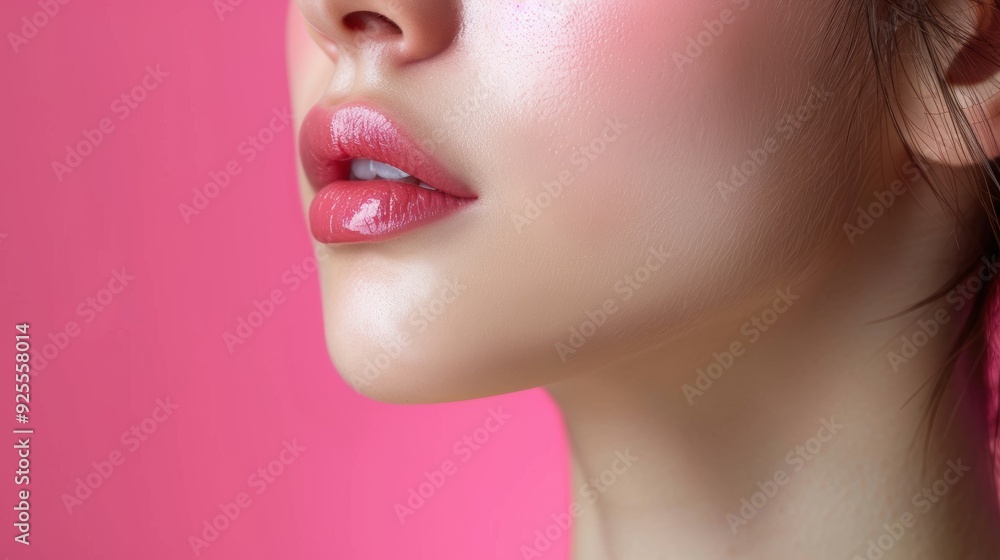 Close-up of a woman's lips and jawline against a vibrant pink background