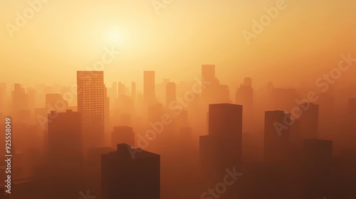 Dense smog over a crowded city, air pollution effects, 3D illustration