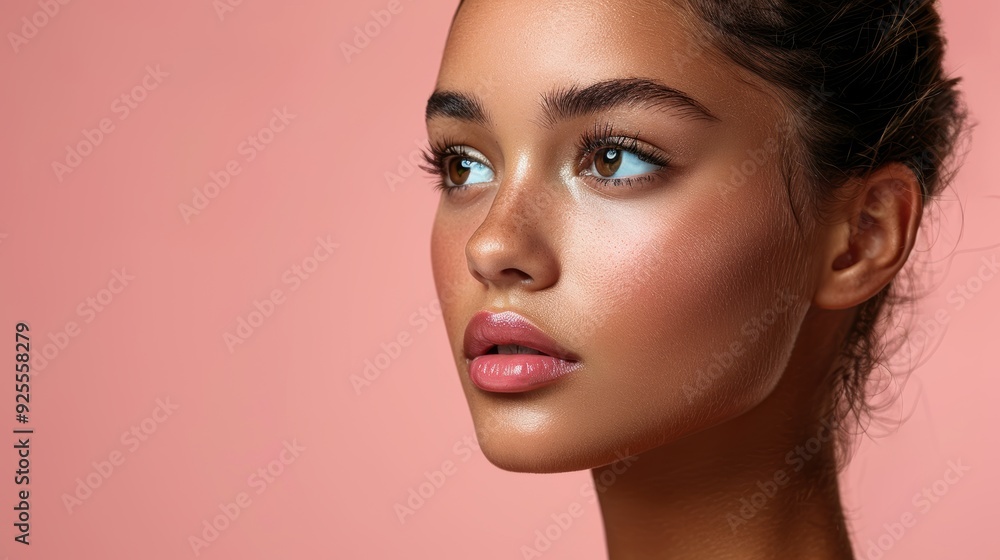 Young woman with natural makeup and soft features against a pink background, showcasing elegance and beauty in a close-up portrait Young woman with natural makeup and soft features against a pink background, showcasing elegance and beauty in a close-up portrait