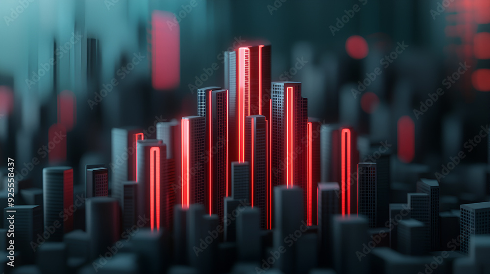 A futuristic cityscape with glowing red skyscrapers and a dark, abstract background, creating a dynamic and vibrant visual atmosphere. A futuristic cityscape with glowing red skyscrapers and a dark, abstract background, creating a dynamic and vibrant visual atmosphere.