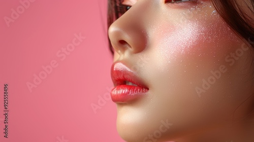 Close-up of a woman showcasing glossy lips and radiant skin against a soft pink background during a beauty shoot