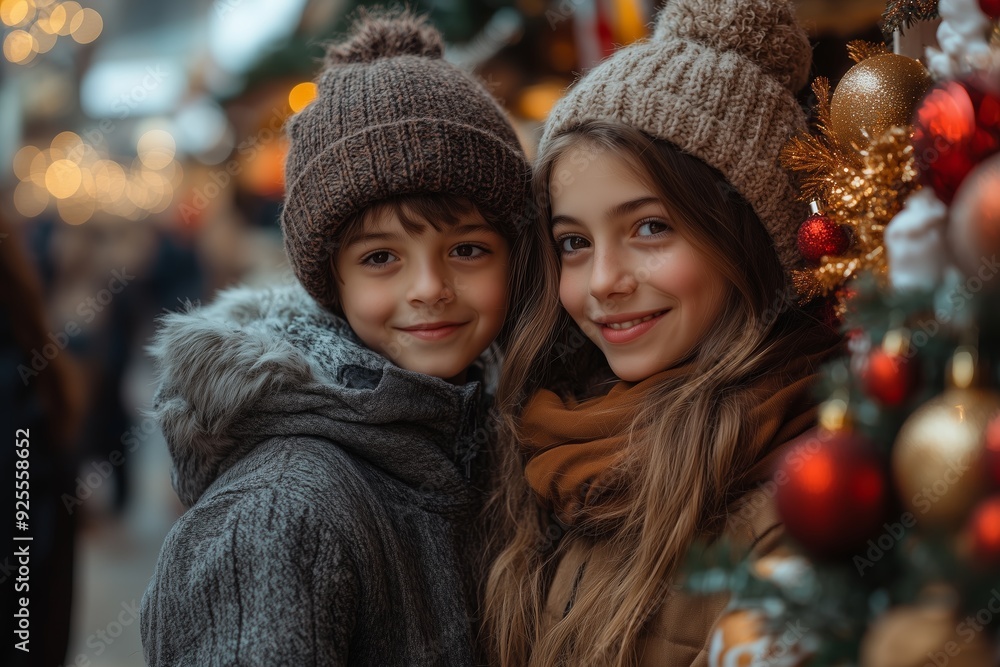 Children smiling together at a festive market during winter, surrounded by holiday decorations and lights Children smiling together at a festive market during winter, surrounded by holiday decorations and lights