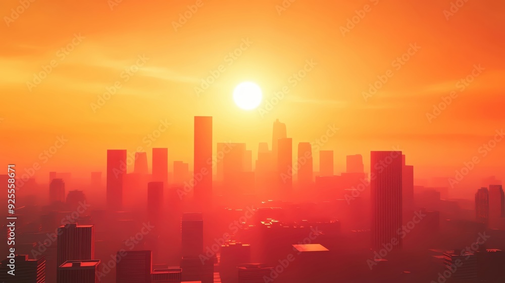Sweltering urban landscape, intense heatwaves, 3D illustration Sweltering urban landscape, intense heatwaves, 3D illustration
