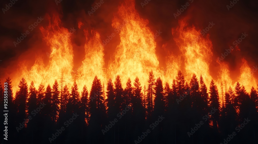 Wildfire engulfing a forest, intense flames and smoke, 3D illustration Wildfire engulfing a forest, intense flames and smoke, 3D illustration