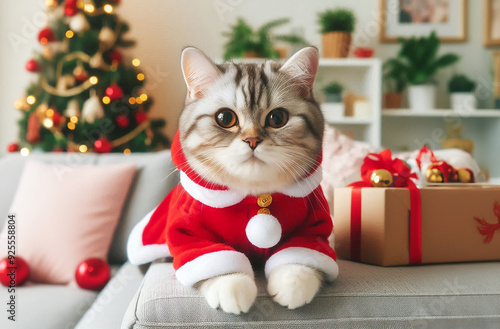 A little cat in a Christmas costume