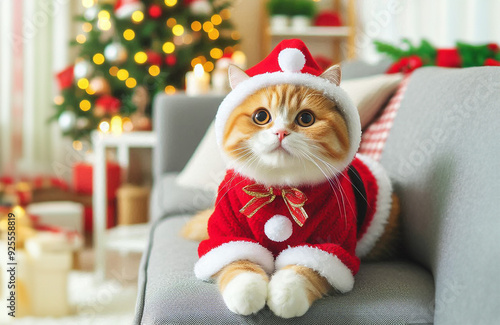 A little cat in a Christmas costume