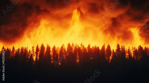 Wildfire engulfing a forest, intense flames and smoke, 3D illustration