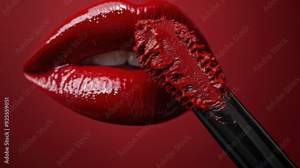 Glossy red lips with a makeup applicator on a dark red background