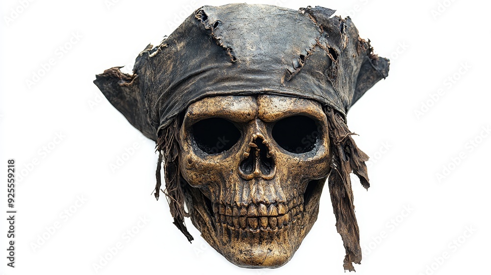 Fototapeta premium A pirate ghost mask with tattered edges, eerie Halloween party design, high-detail, glow-in-the-dark effect, isolated on white background
