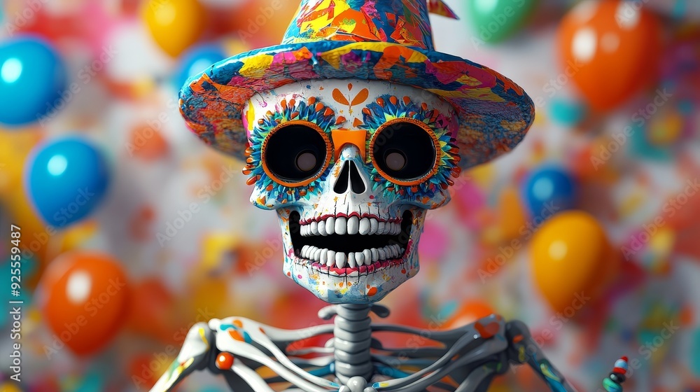 A skeleton in a party hat with a Halloween mask, playful yet eerie, vibrant colors, 3D illustration, isolated on white background A skeleton in a party hat with a Halloween mask, playful yet eerie, vibrant colors, 3D illustration, isolated on white background