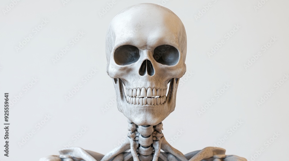 A skeleton with a moving jaw, wearing a detailed Halloween mask, hyperrealistic 3D rendering, cinematic lighting, isolated on white background A skeleton with a moving jaw, wearing a detailed Halloween mask, hyperrealistic 3D rendering, cinematic lighting, isolated on white background