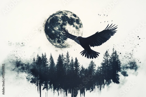 An eagle flies over a forest with a full moon in the background photo