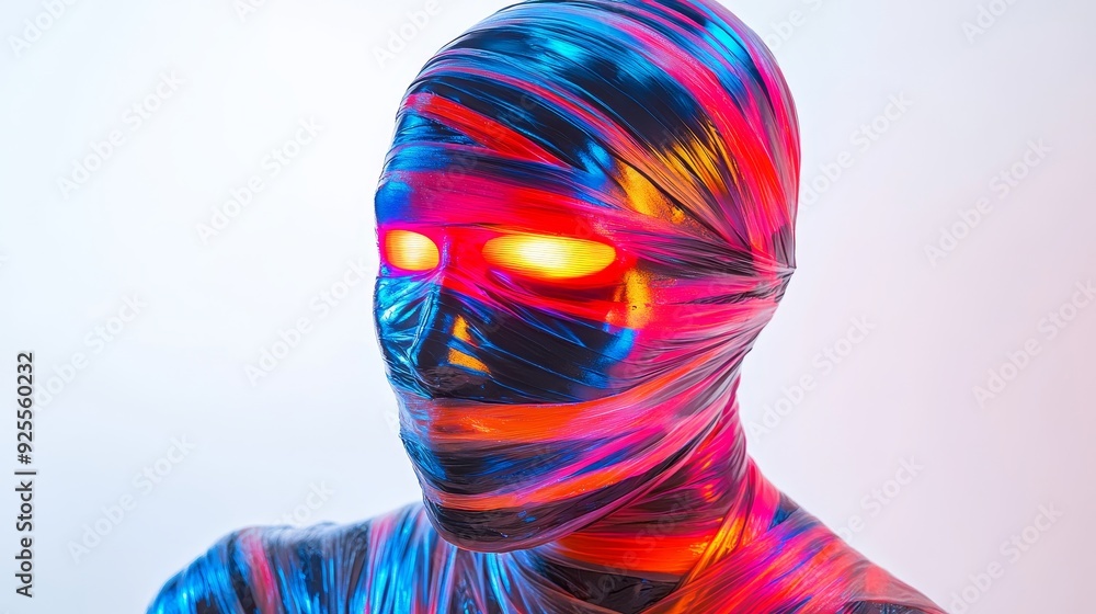 A wrapped mummy with a glowing Halloween mask, neon accents, surrealistic art style, isolated on white background A wrapped mummy with a glowing Halloween mask, neon accents, surrealistic art style, isolated on white background