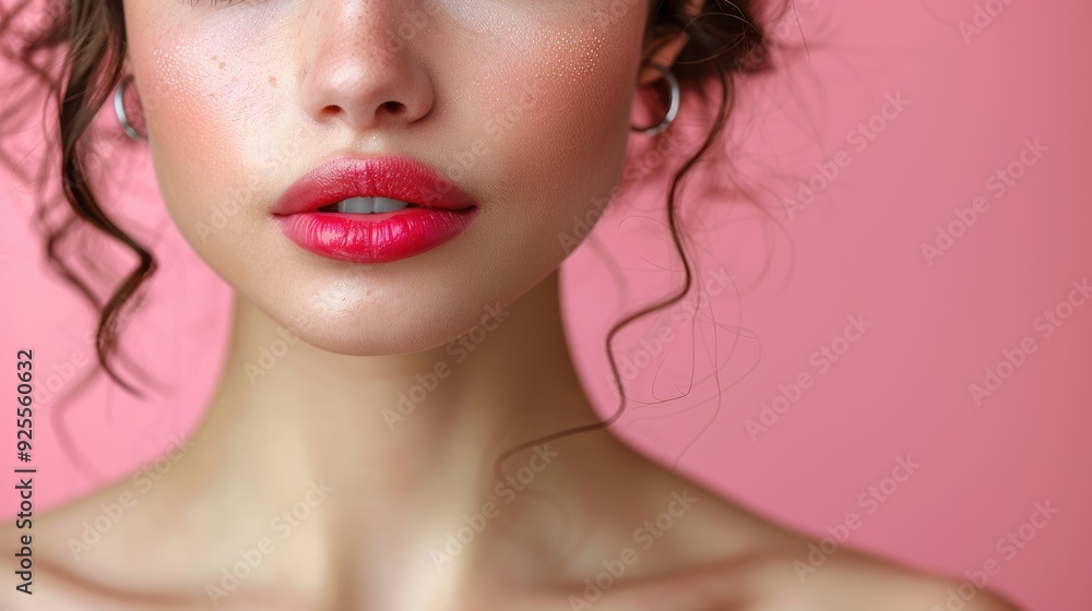 Young woman with curly hair and vibrant lipstick poses against a pink background in a beauty shoot Young woman with curly hair and vibrant lipstick poses against a pink background in a beauty shoot