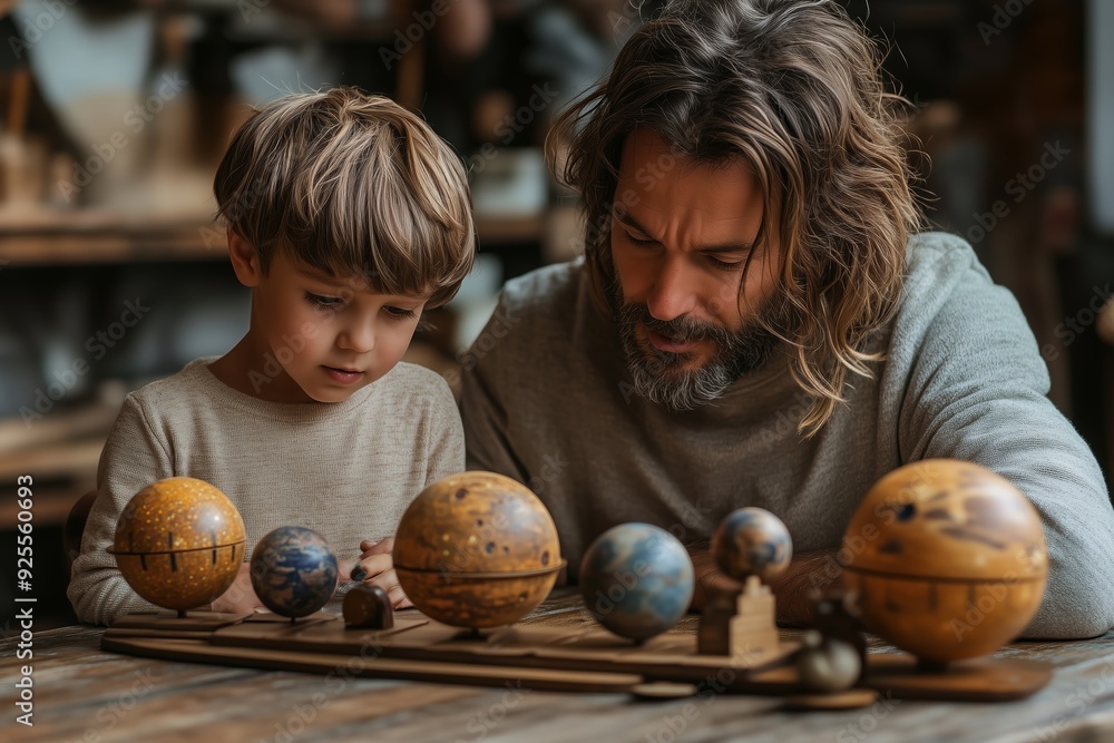 Fototapeta premium A father and son explore wooden planet models in a cozy workshop during the afternoon