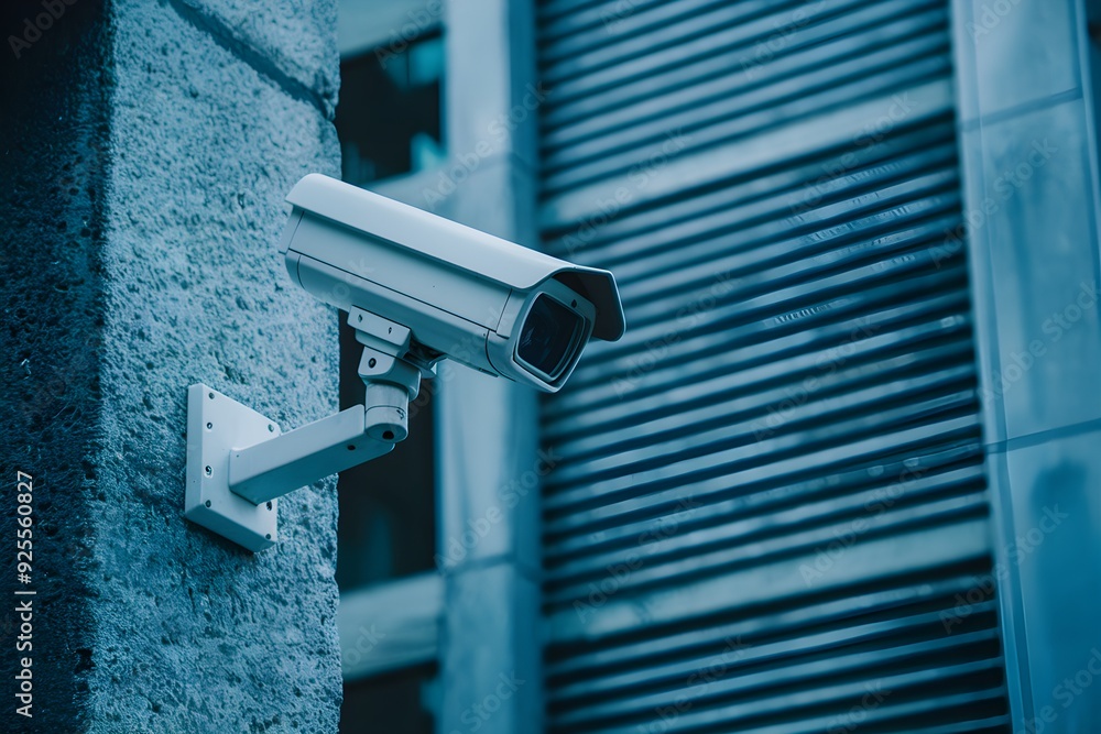 Security camera mounted on blue hued concrete building exterior Security camera mounted on blue hued concrete building exterior