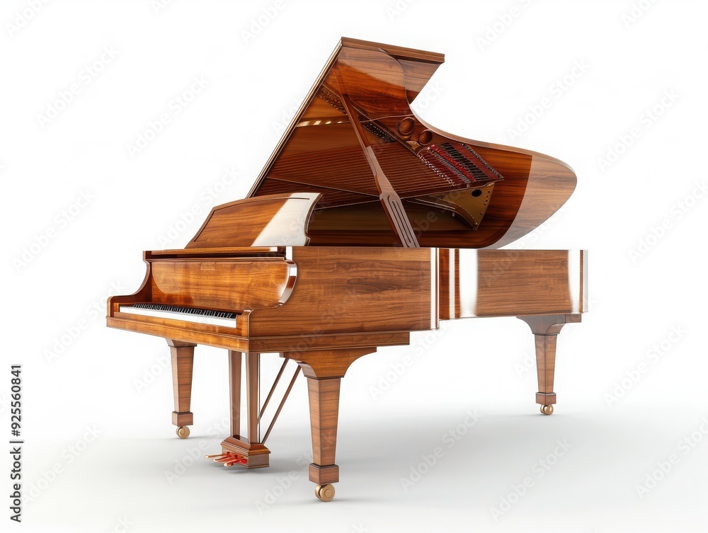 A beautifully crafted wooden grand piano with an open lid, showcasing its elegant design and fine craftsmanship, isolated on white. A beautifully crafted wooden grand piano with an open lid, showcasing its elegant design and fine craftsmanship, isolated on white.