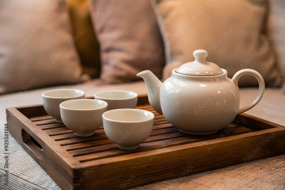 Wooden tray with white teapot and cups in a warm setting Wooden tray with white teapot and cups in a warm setting