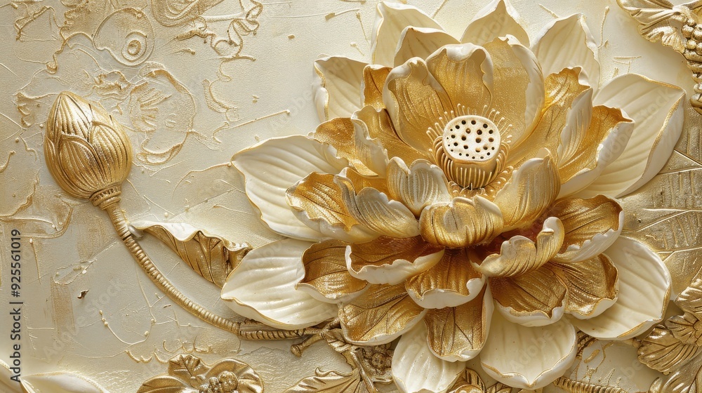 Exquisite gold and cream floral 3D wall art, showcasing intricate details and delicate craftsmanship, perfect for elegant home decor. Exquisite gold and cream floral 3D wall art, showcasing intricate details and delicate craftsmanship, perfect for elegant home decor.