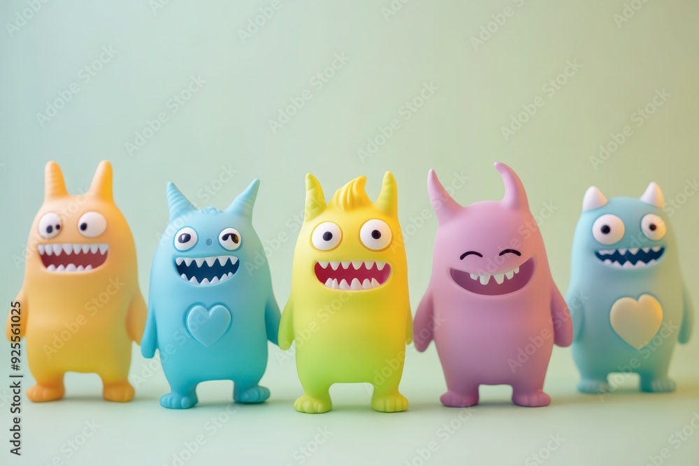 Obraz premium Colorful toy monsters lined up against a pastel background
