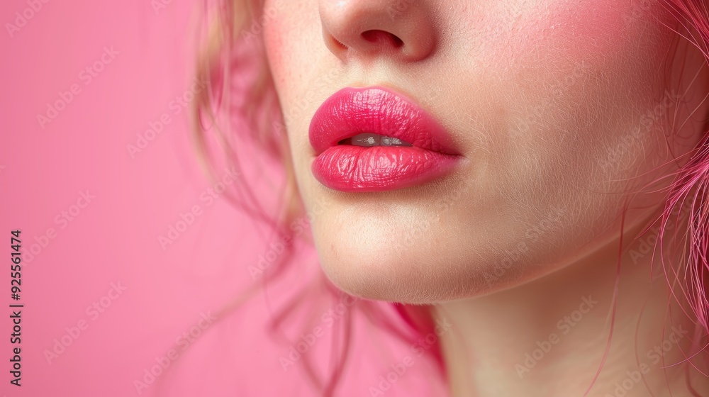 Close-up of a woman's lips with pink lipstick against a pink background Close-up of a woman's lips with pink lipstick against a pink background