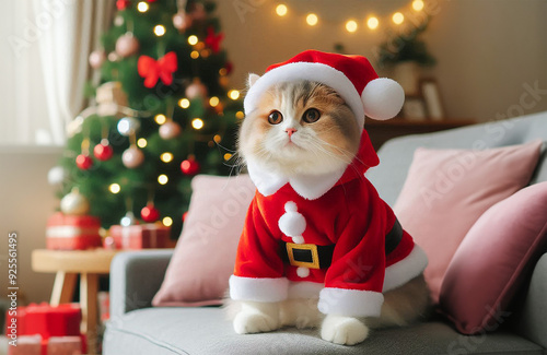 A little cat in a Christmas costume