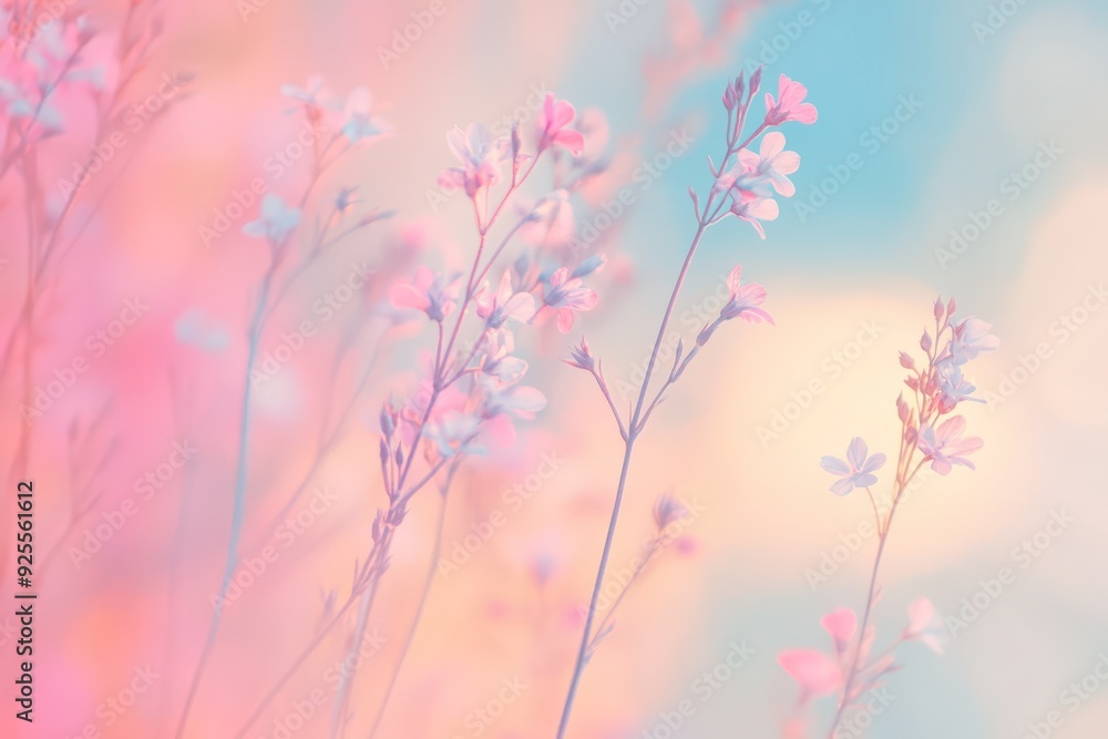 Soft pastel flowers blooming in a serene garden at dawn Soft pastel flowers blooming in a serene garden at dawn