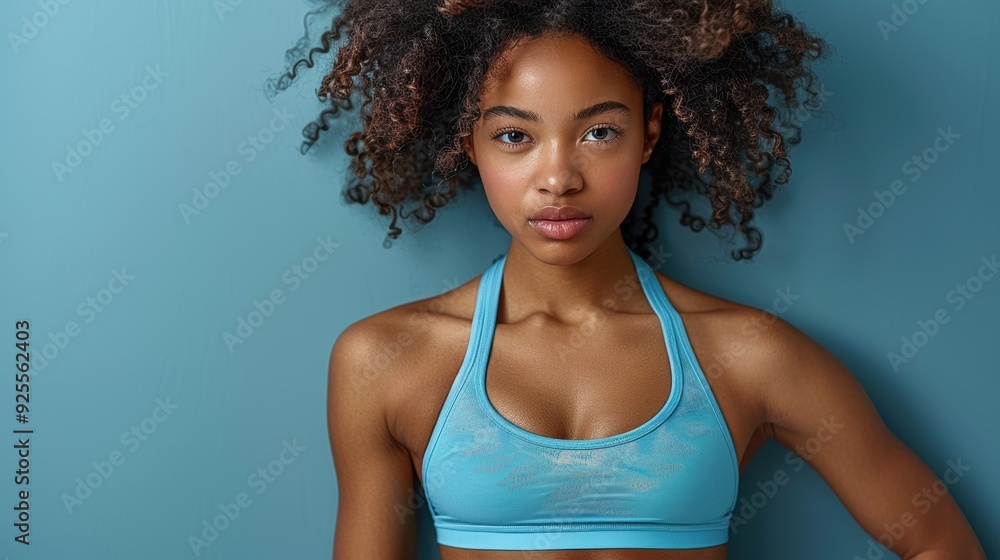 Young woman with curly hair poses confidently against a blue background wearing a sports bra Young woman with curly hair poses confidently against a blue background wearing a sports bra
