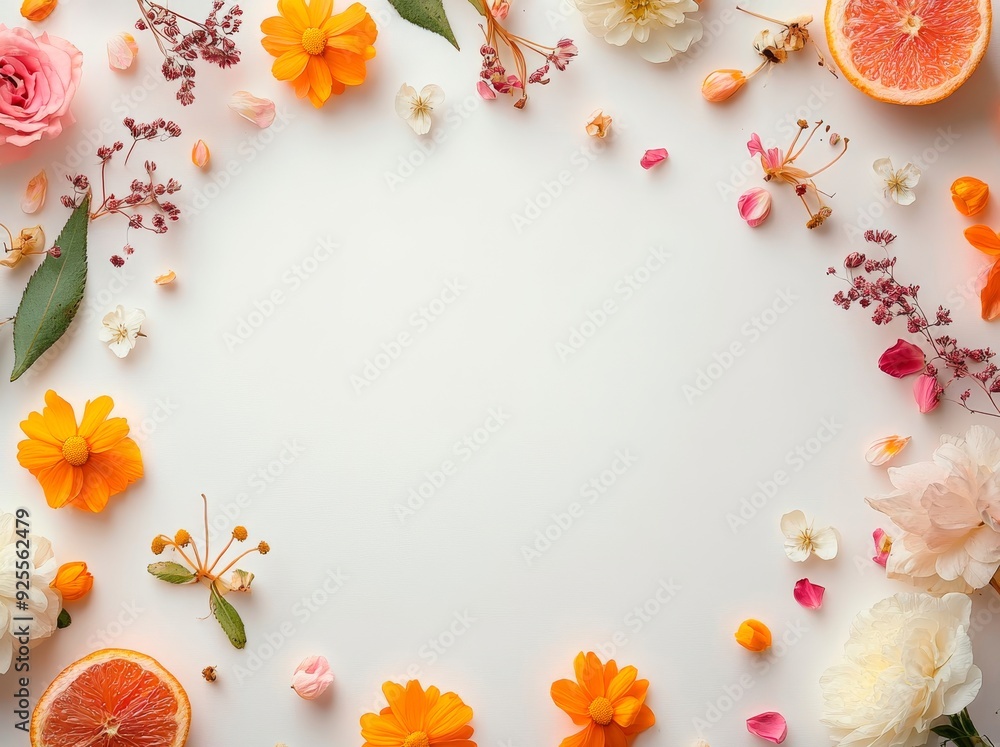 Obraz premium Invitation Design Frame with Citrus Halves and White-Orange Flowers on White Background