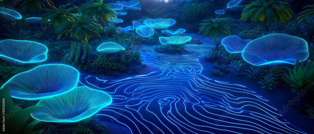 A mesmerizing scene featuring glowing mushrooms illuminating a serene waterway in a vibrant, enchanting landscape. A mesmerizing scene featuring glowing mushrooms illuminating a serene waterway in a vibrant, enchanting landscape.