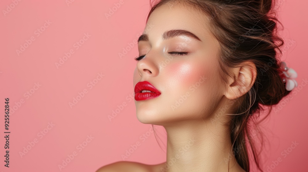 Young woman with elegant makeup poses against a pink background in a graceful manner Young woman with elegant makeup poses against a pink background in a graceful manner