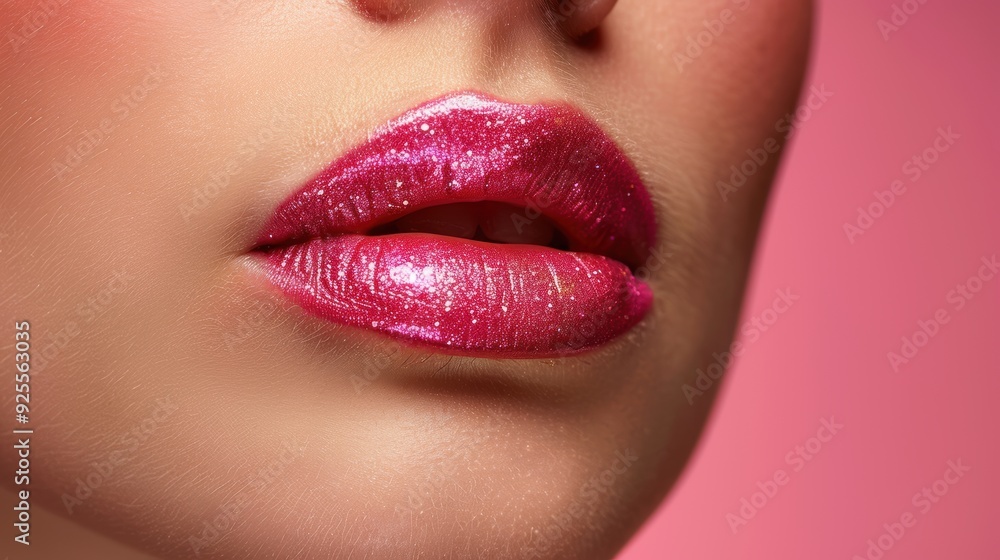 Obraz premium Close-up of a woman's lips adorned with sparkling pink lip gloss against a soft pink background